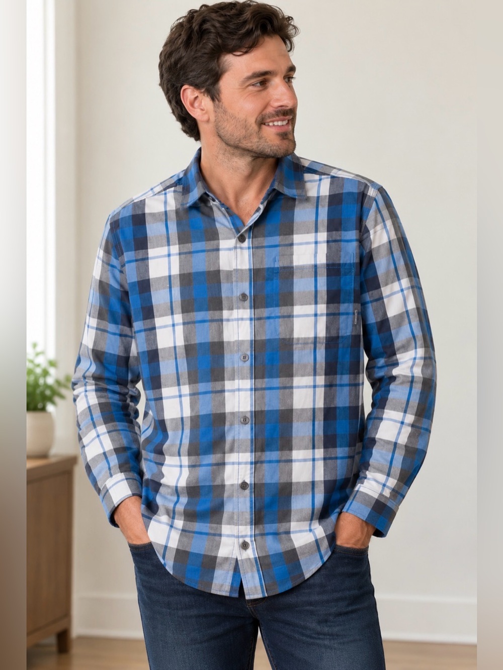 Beautiful Medium Columbia Men’s Blue and Gray Plaid Button-Down Shirt